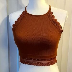 Elegant Brown Lace Trim Halter Top